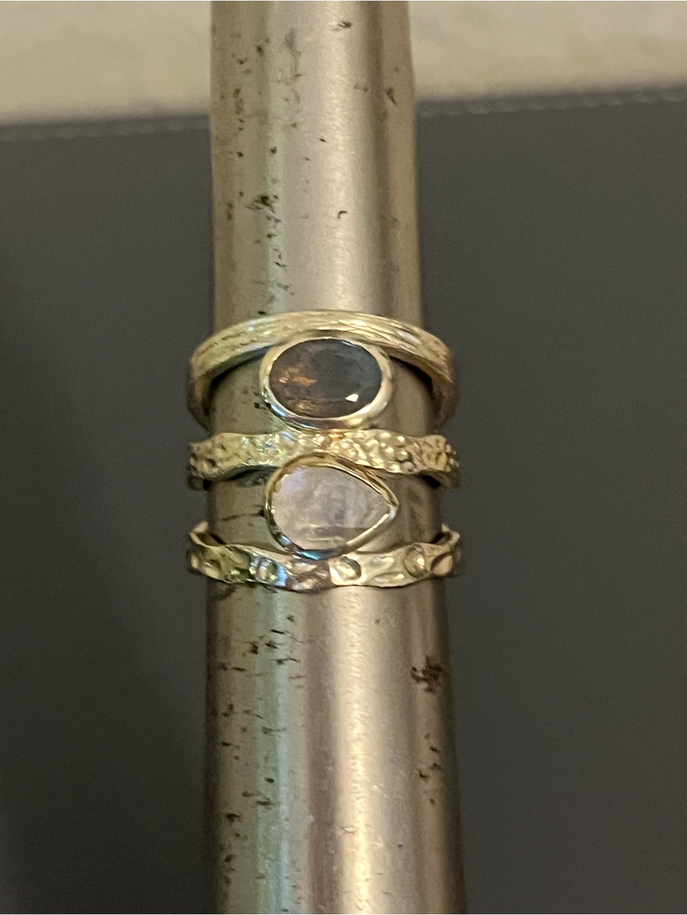 Gold Hammered Stacking Rings with Moonstone and Labradorite - Women's Jewelry - Picture 6 of 6